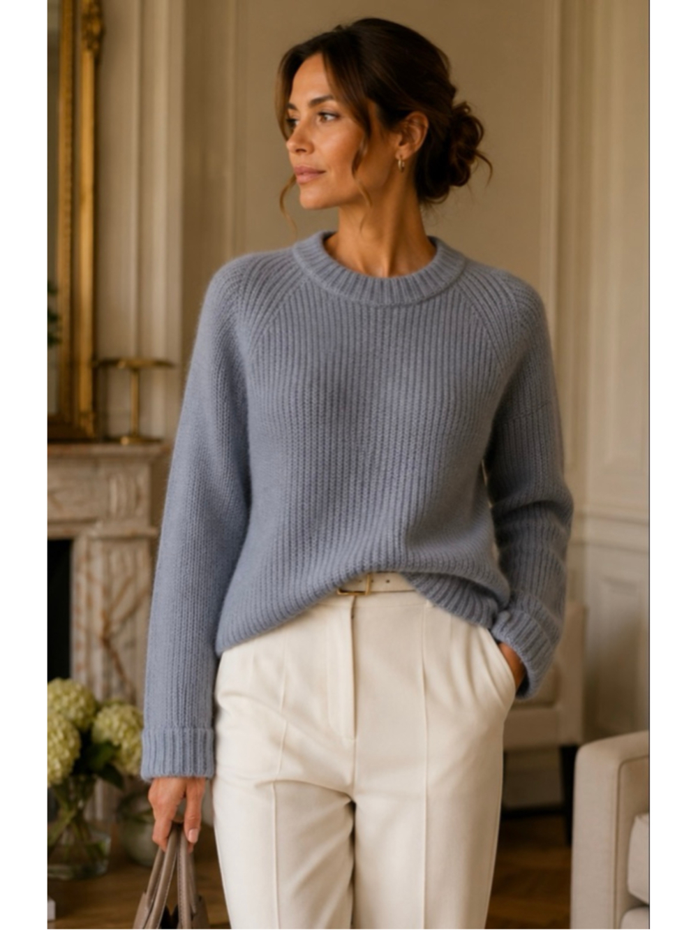 New Jenni Kayne Slate Blue Cashmere Fisherman Rib Crew Neck Sweater L